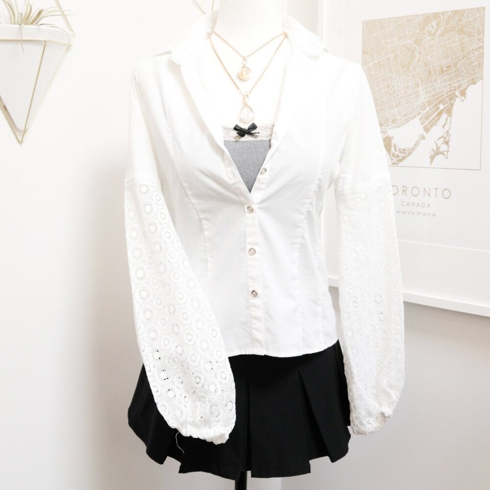 White Lace Sleeve Button Down Blouse 🕷️ ROMIMONA
